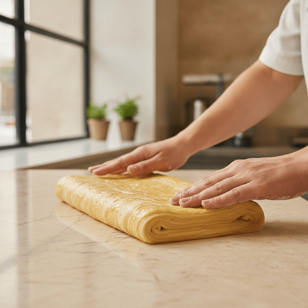 Hands laminating viennoiserie dough at the Maison Tuileries atelier