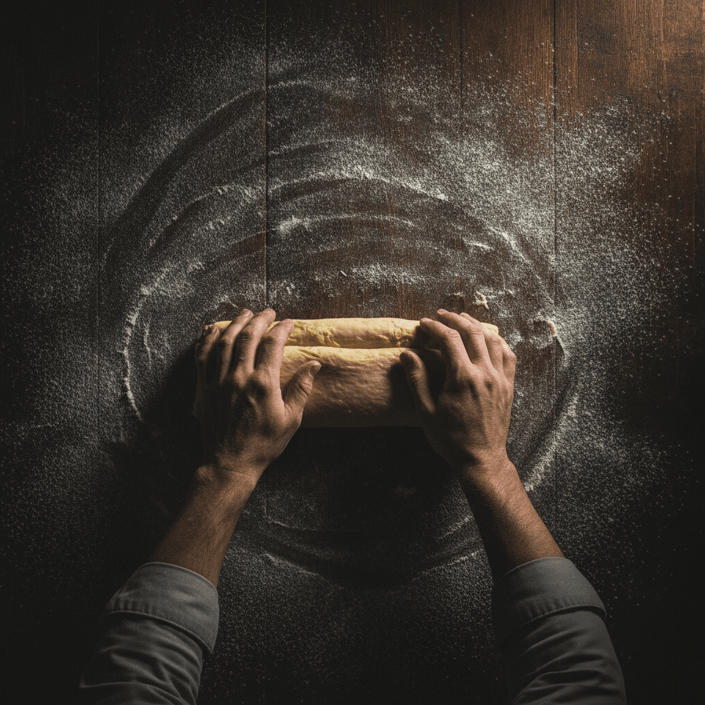 Hands laminating viennoiserie dough at the bench in the atelier